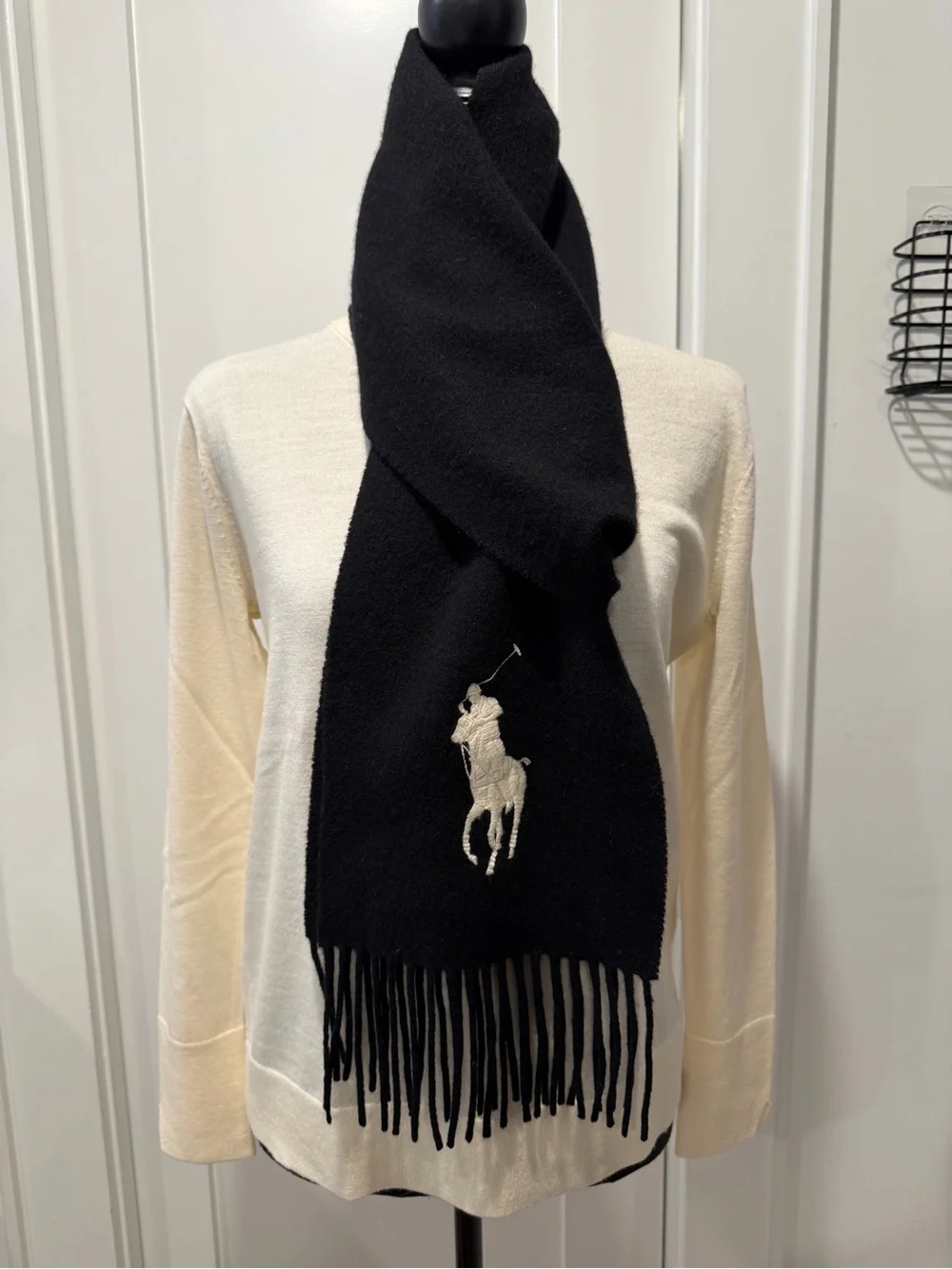 Ralph Lauren Cashmere Lambswool Big Pony Scarf Black NWOT $295